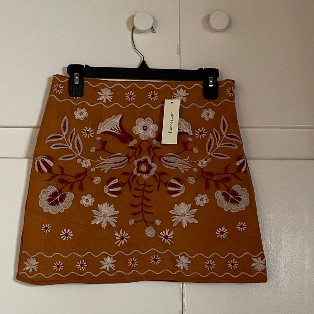 Francesca’s embroidere faux suade skirt
